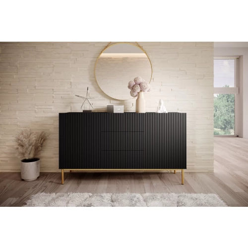 Komoda Nicole 150 cm z szufladami i półkami - czarny mat / złote nóżki